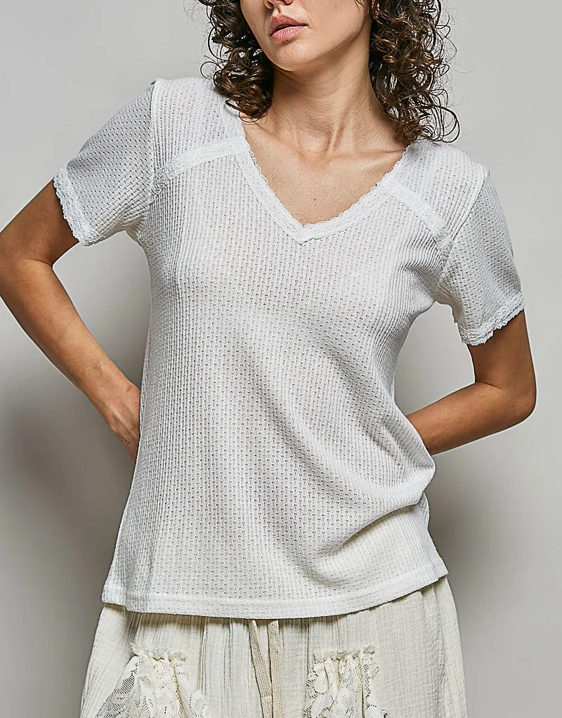 Refined V-Neck Short-Sleeve Lace-Detail Textured T-Shirt