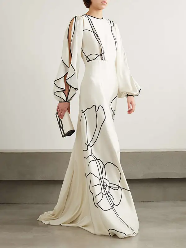 Loose Contrast Color Falbala Flower Print Hollow Zipper Maxi Dress