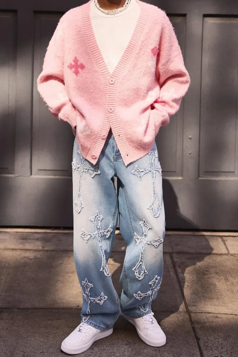 Casual Style Baggy Rigid Washed Blue Cross Applique Jeans
