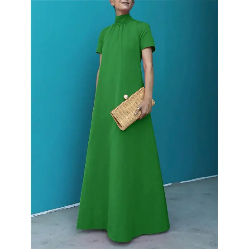 Tailored Cotton Blend High Neck Loose Maxi Dress