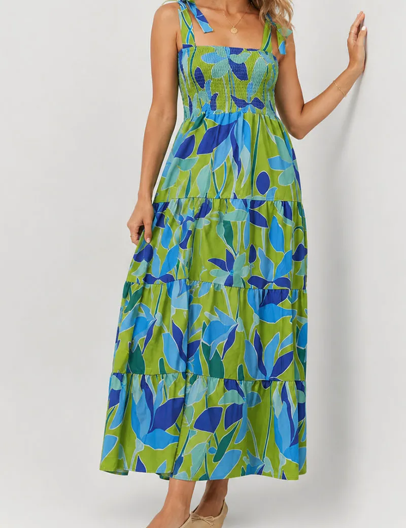 Abstract Smocked Strap Square Neck Midi Dress