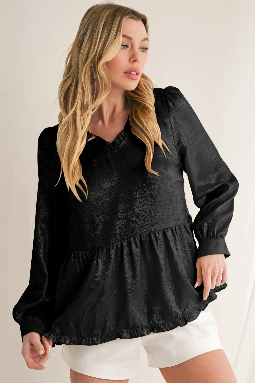 Layered Velvet Frilled Puff Sleeve Blouse