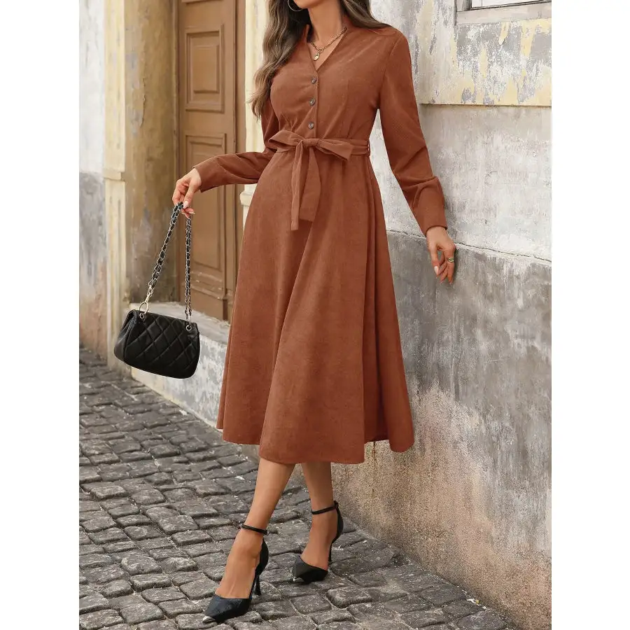 Long Sleeve Button Front Belted Midi Dress