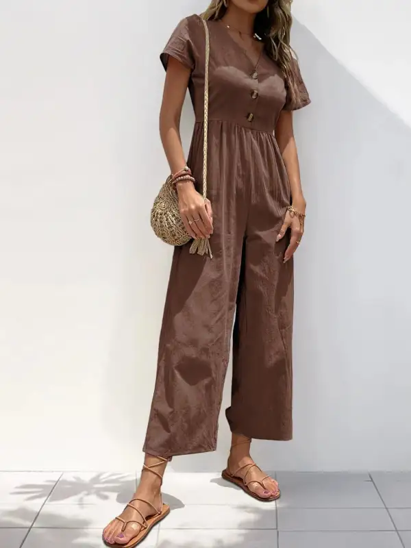 V Neck Short Sleeve Wide Leg Shorts