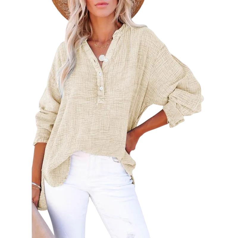 Women's Casual Button V Neck Long Sleeve