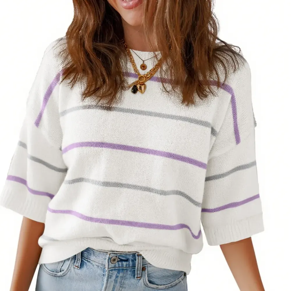 Women'S Short-Sleeved Striped Sweatshirt For Spring And Summer
