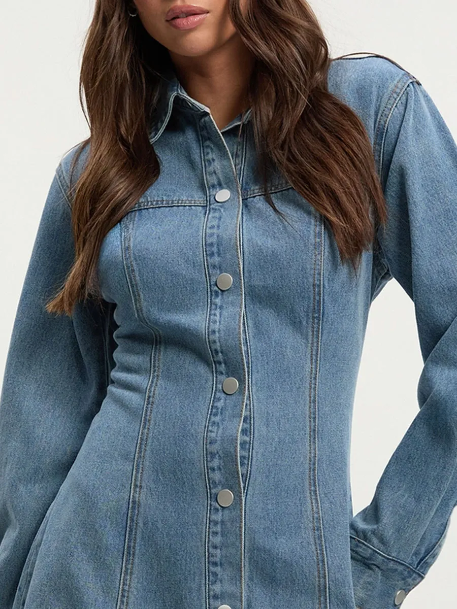 Blue Denim Button Front Tailored Blazer Dress