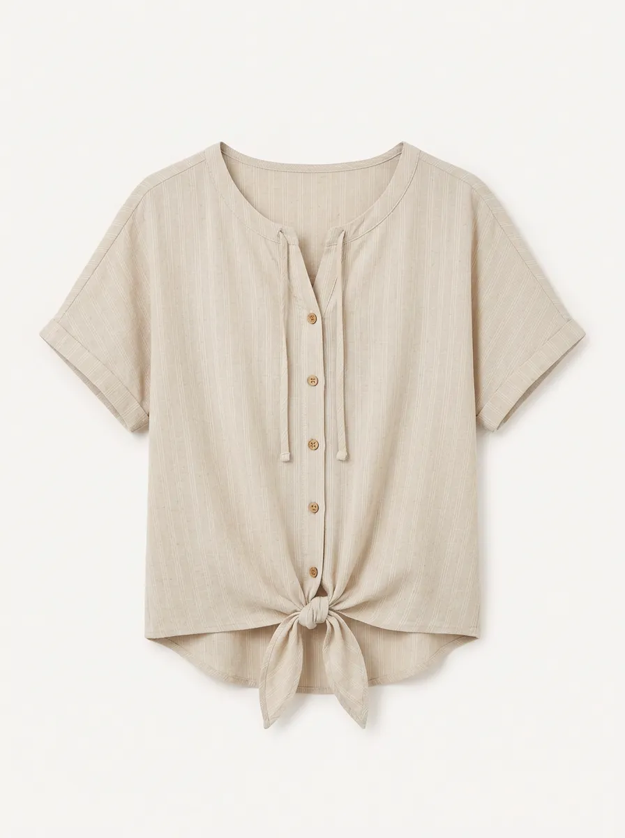 Women's Casual Striped Button Down Tie Front Short Sleeve Top