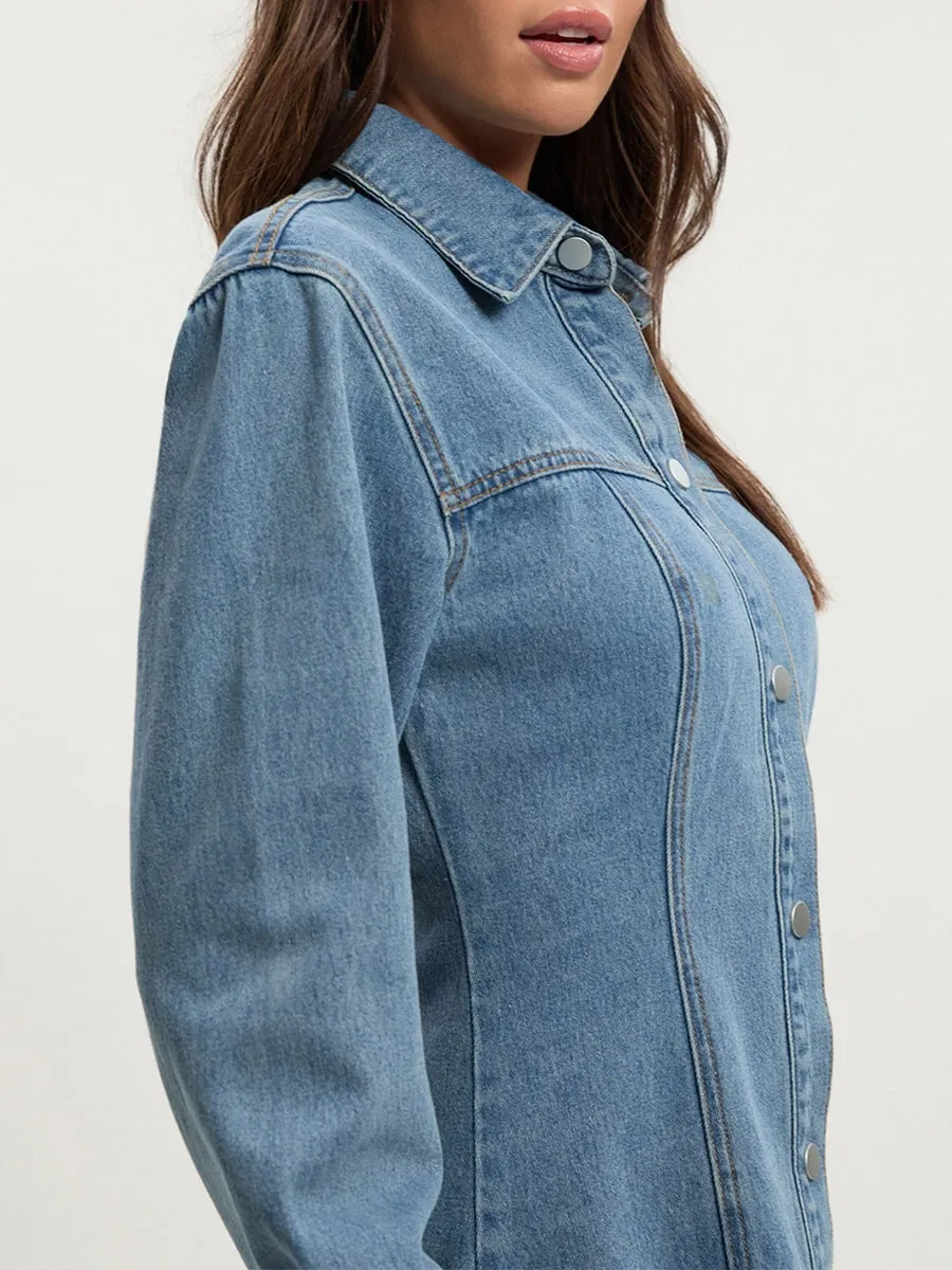 Blue Denim Button Front Tailored Blazer Dress