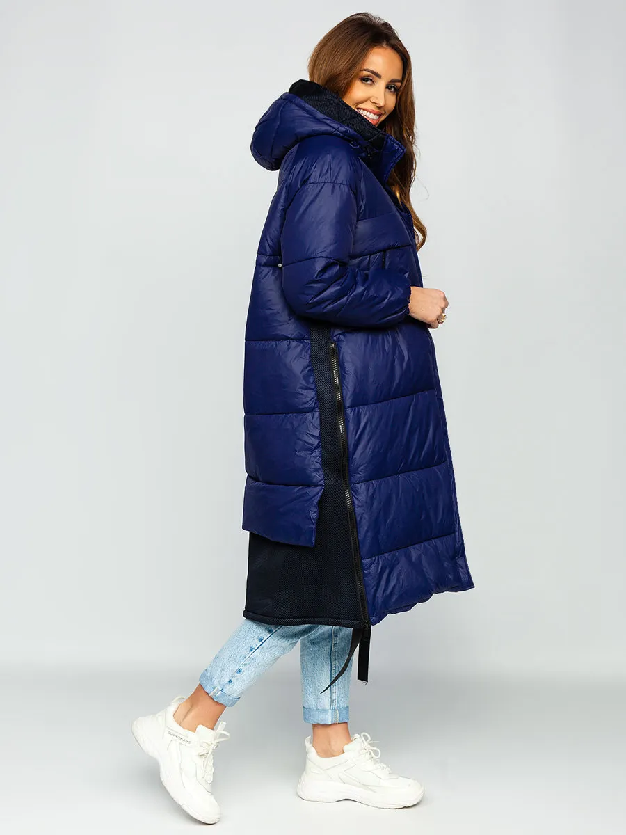 Dark blue women's long winter jacket with hood