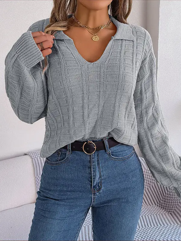 Lapel Long Sleeve Relaxed Fit Pullover Sweater