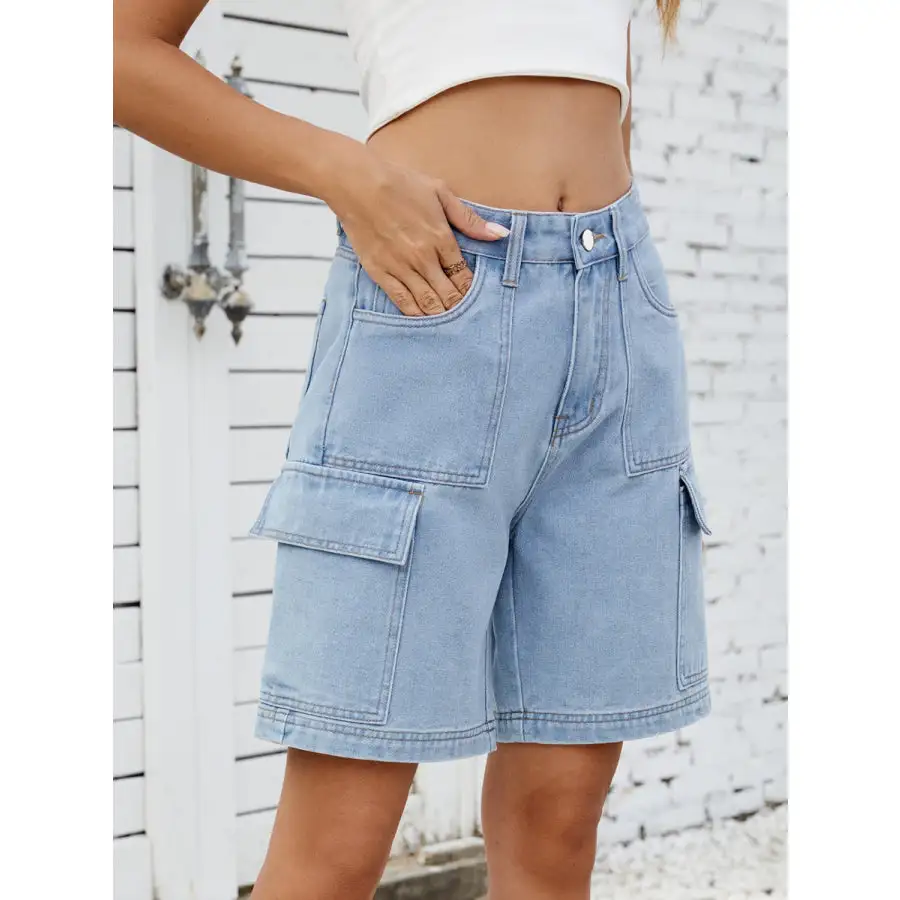 High Waist Denim Shorts with Cargo Pockets
