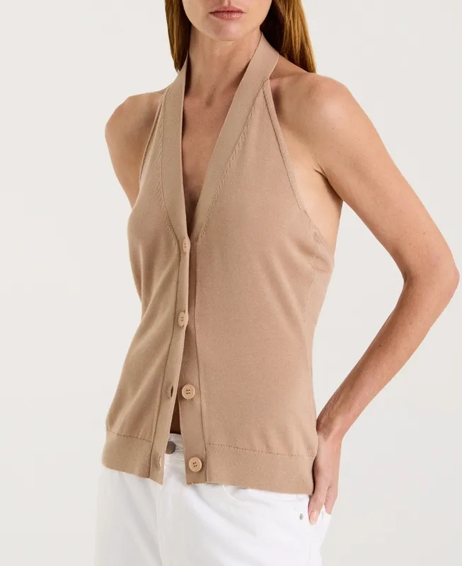 Tan Open Back Halter Knit Vest