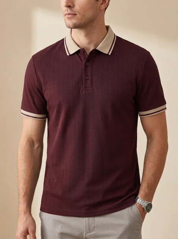 Men's Knit Ribbed Textured Vertical-Stripe Tipped-Collar Contrast-Trim Polo Shirt