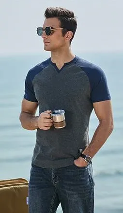 Mens Muscle Slim T Shirt V-Neck Henley