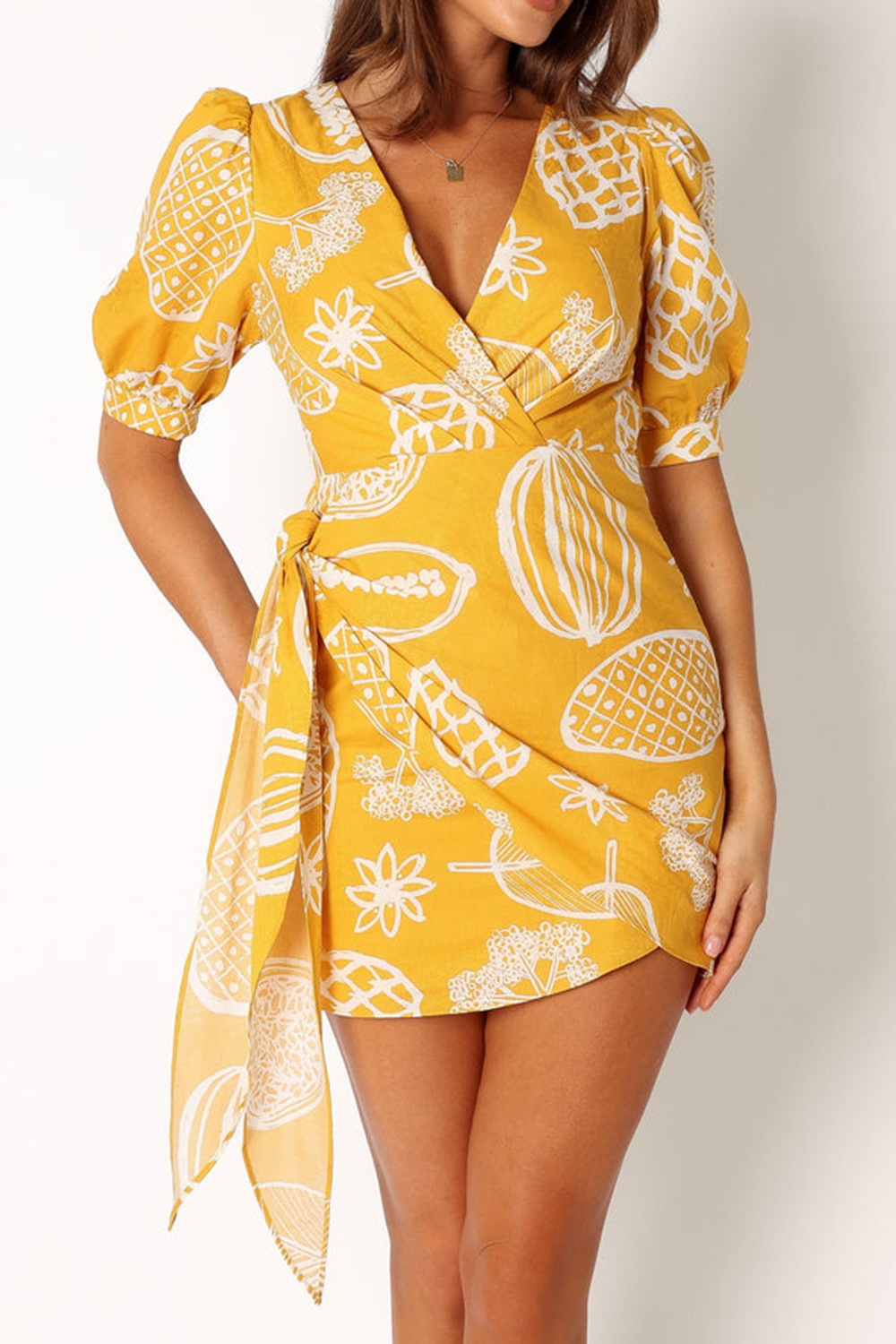 YELLOW PRINTED PATTERN WRAP MINI DRESS
