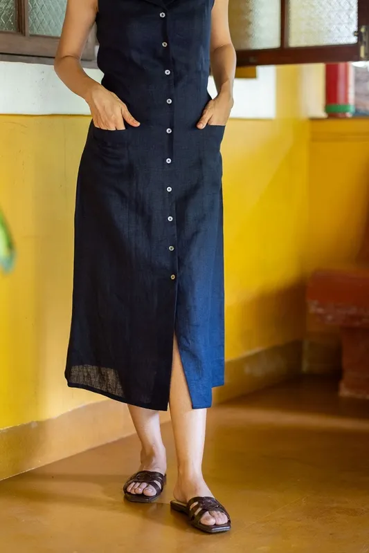 Navy Blue Linen Notch-Collar Dress