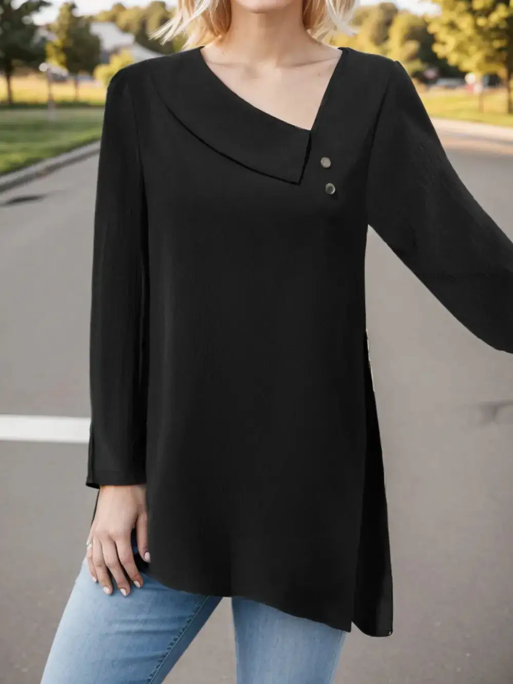 Draped V-Neck Ruffle Trim Blouse