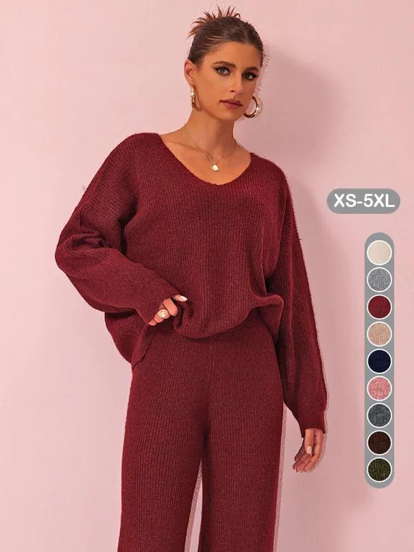 Women's Solid Color Drop Shoulder Sweater & Pants