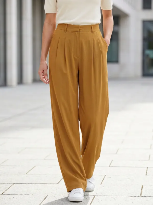 Women's Casual Pleated Wide-Leg High-Rise Waist Belt Loops Pants