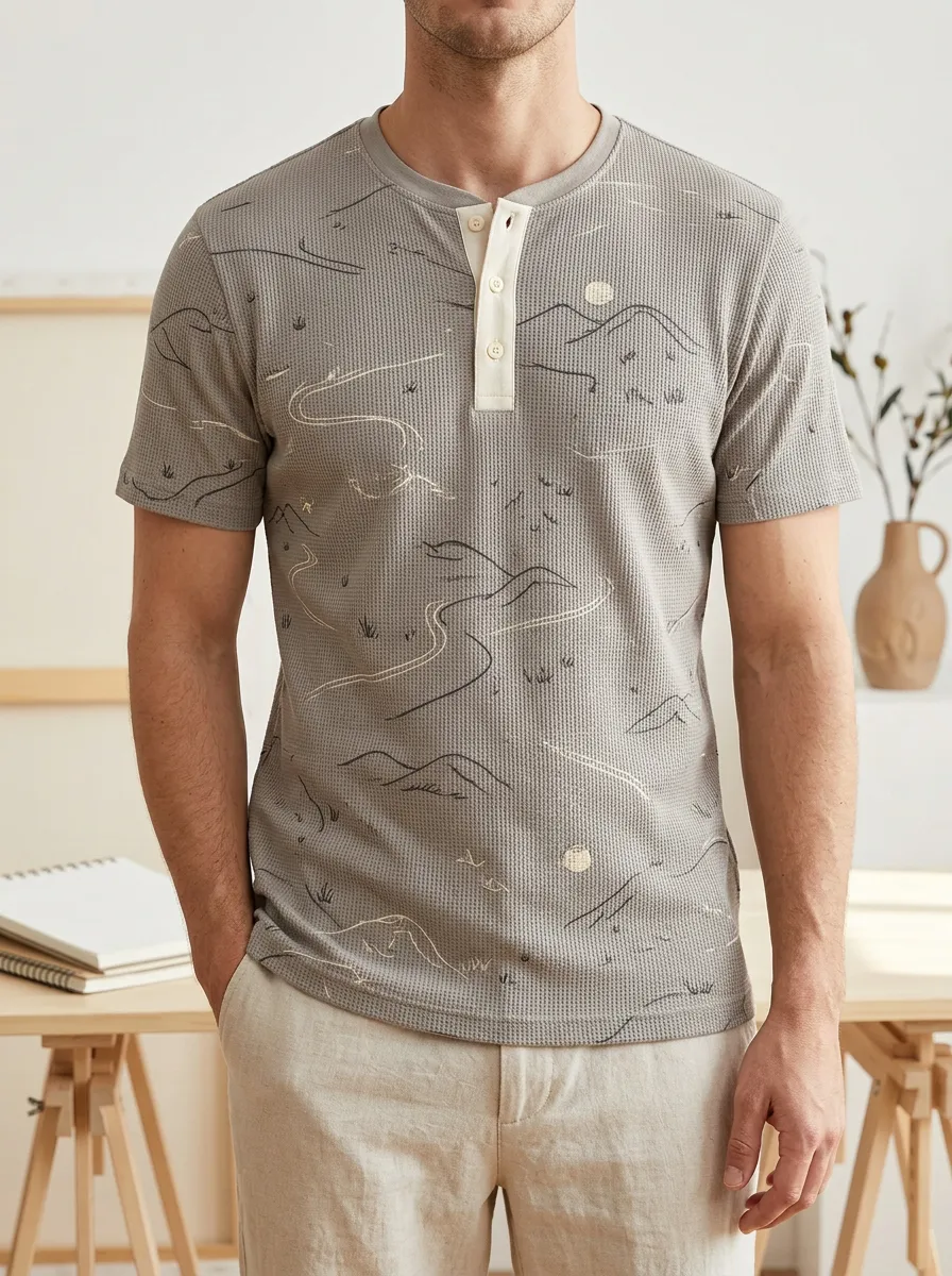Men's Outdoor Nature Lover Mountain Landscape Printed Henley T-shirt