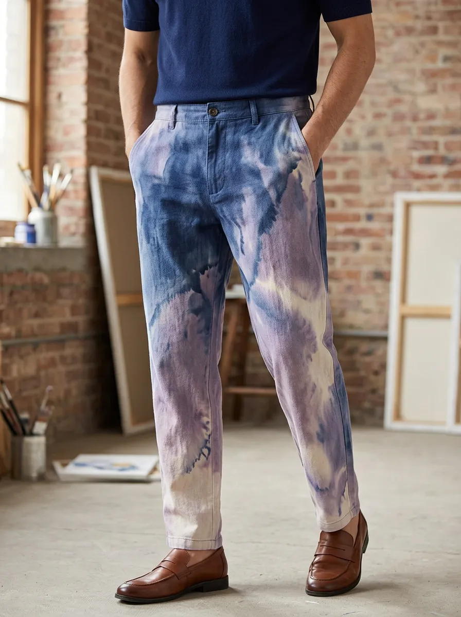 Men's Casual Fashion Blue Purple Tie-Dye Printed Pants
