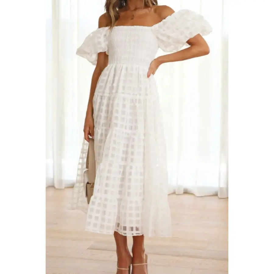 Off Shoulder Short Puff Sleeve Midi Dress