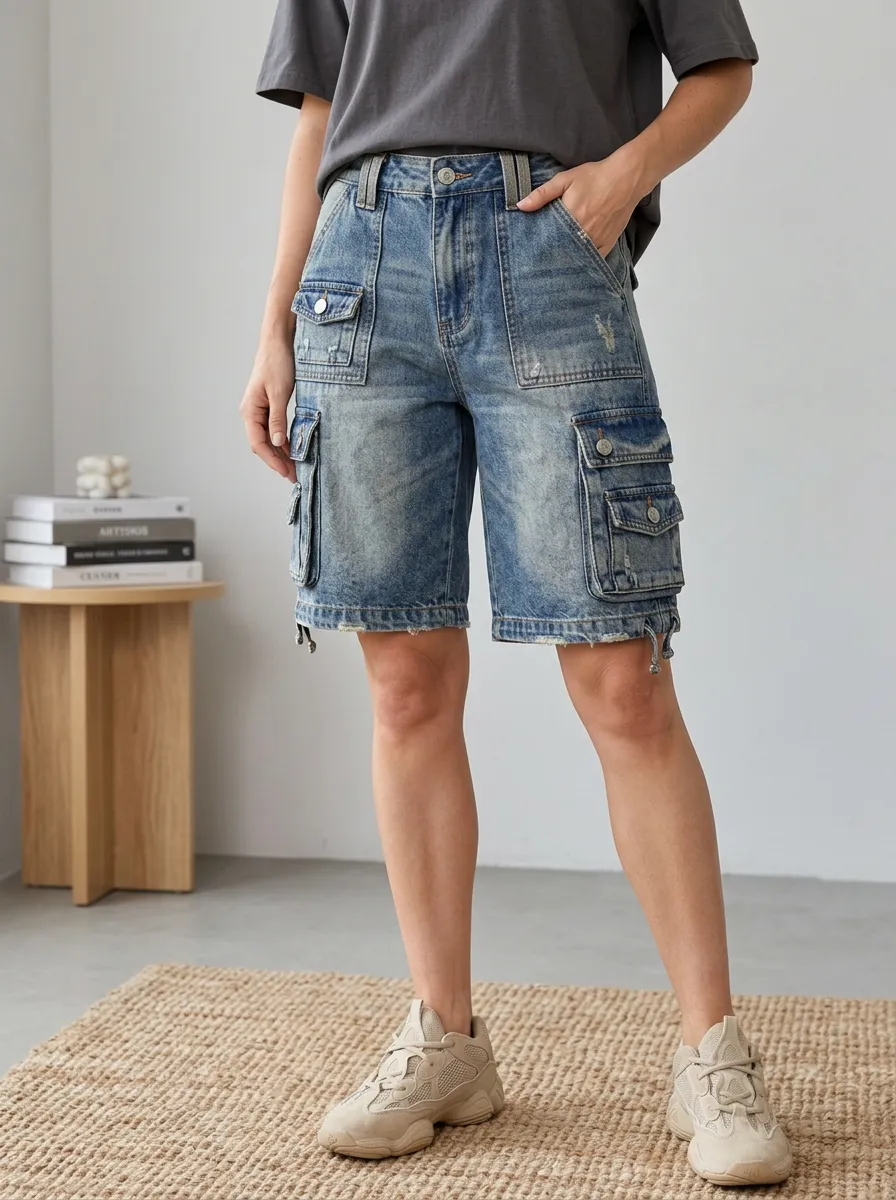 Women's Classic Vintage Distressed Cargo Pocket Cargo Denim Shorts