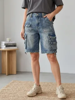Women's Classic Vintage Distressed Cargo Pocket Cargo Denim Shorts