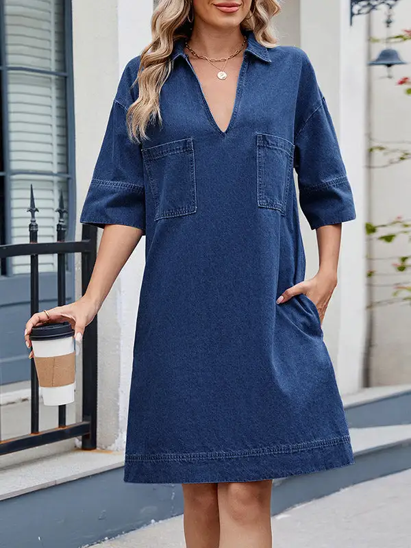 A Line Relaxed Pocket Solid Color Lapel Mini Dress