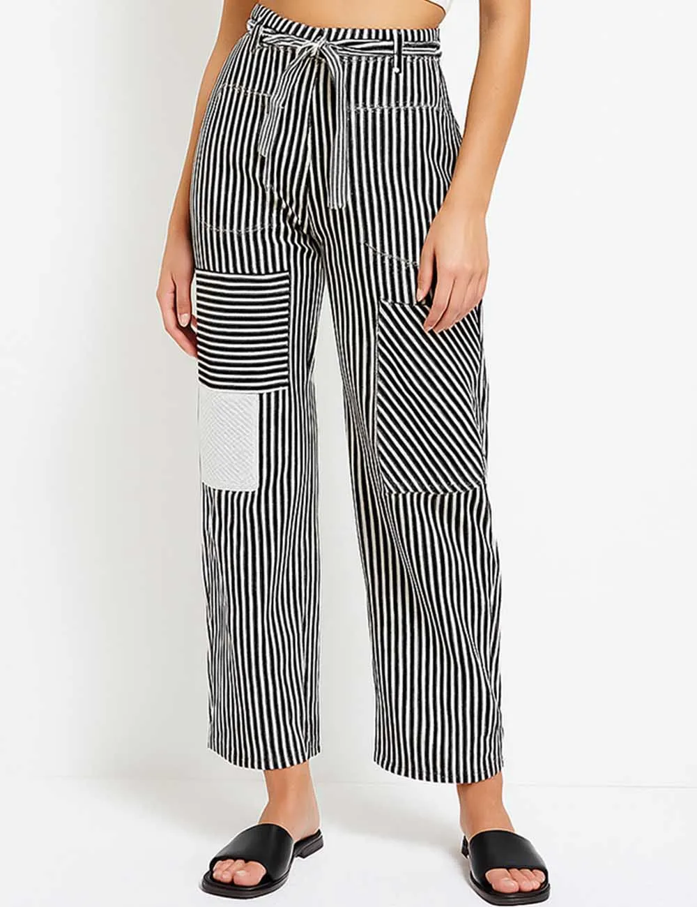 Striped Color Block Drawstring Barrel Denim Pants