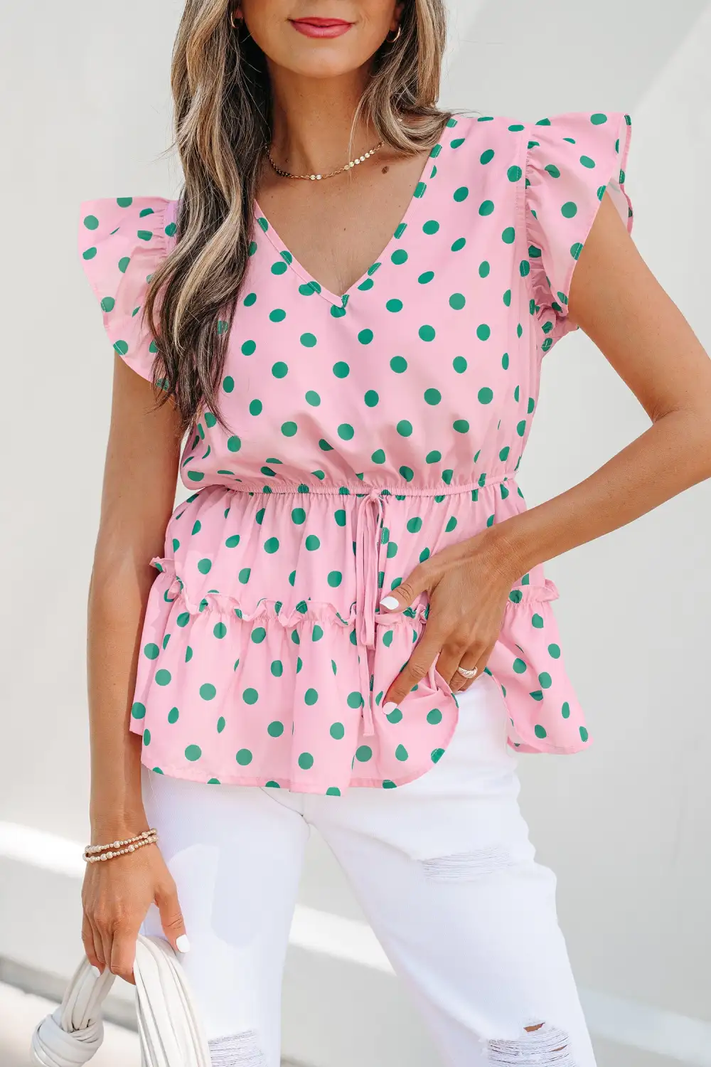 Ruffled V-Neck Dot Print Blouse