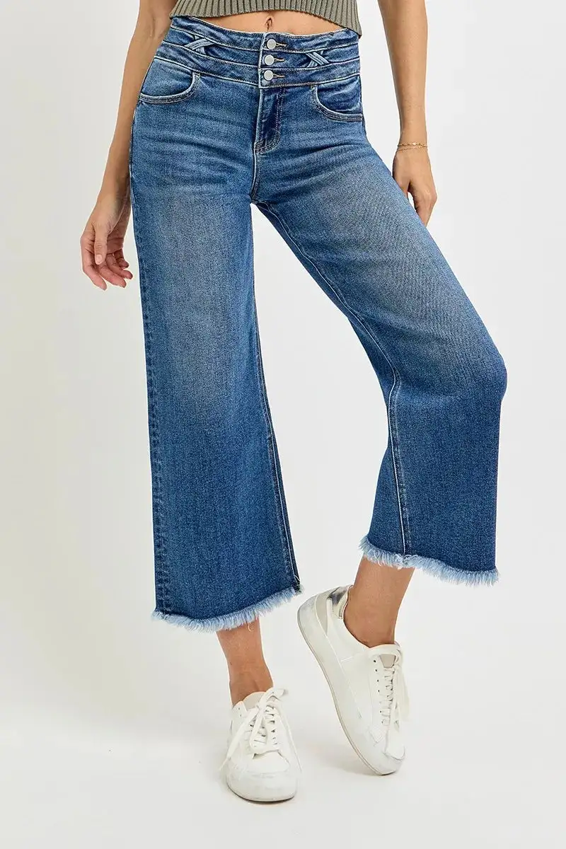 High Rise Wide Waistband Raw Hem Wide Leg Jeans