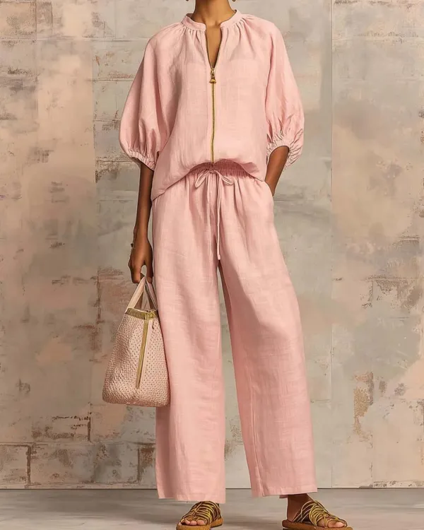 Knitted Fabric Blouse and Long Pants Two-Piece Outfit with Flounce Sleeves