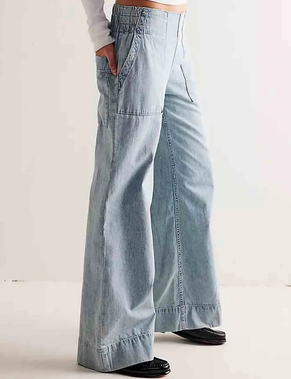 Elastic Waist Pocket Wide Leg Denim Pants