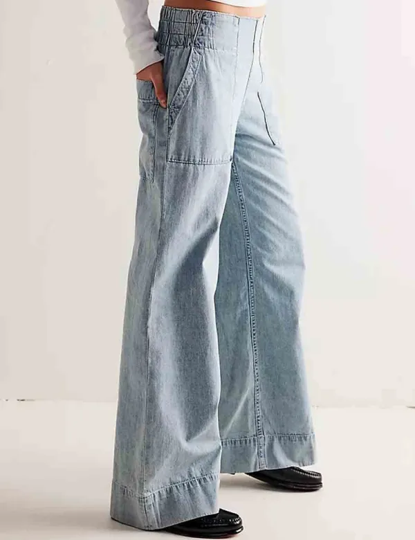 Elastic Waist Pocket Wide Leg Denim Pants