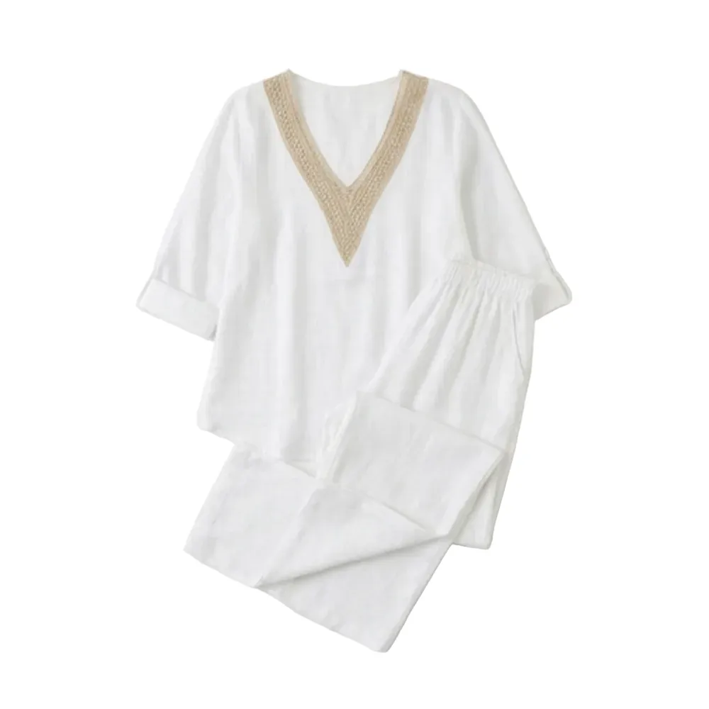 Crochet V Neck Linen Set