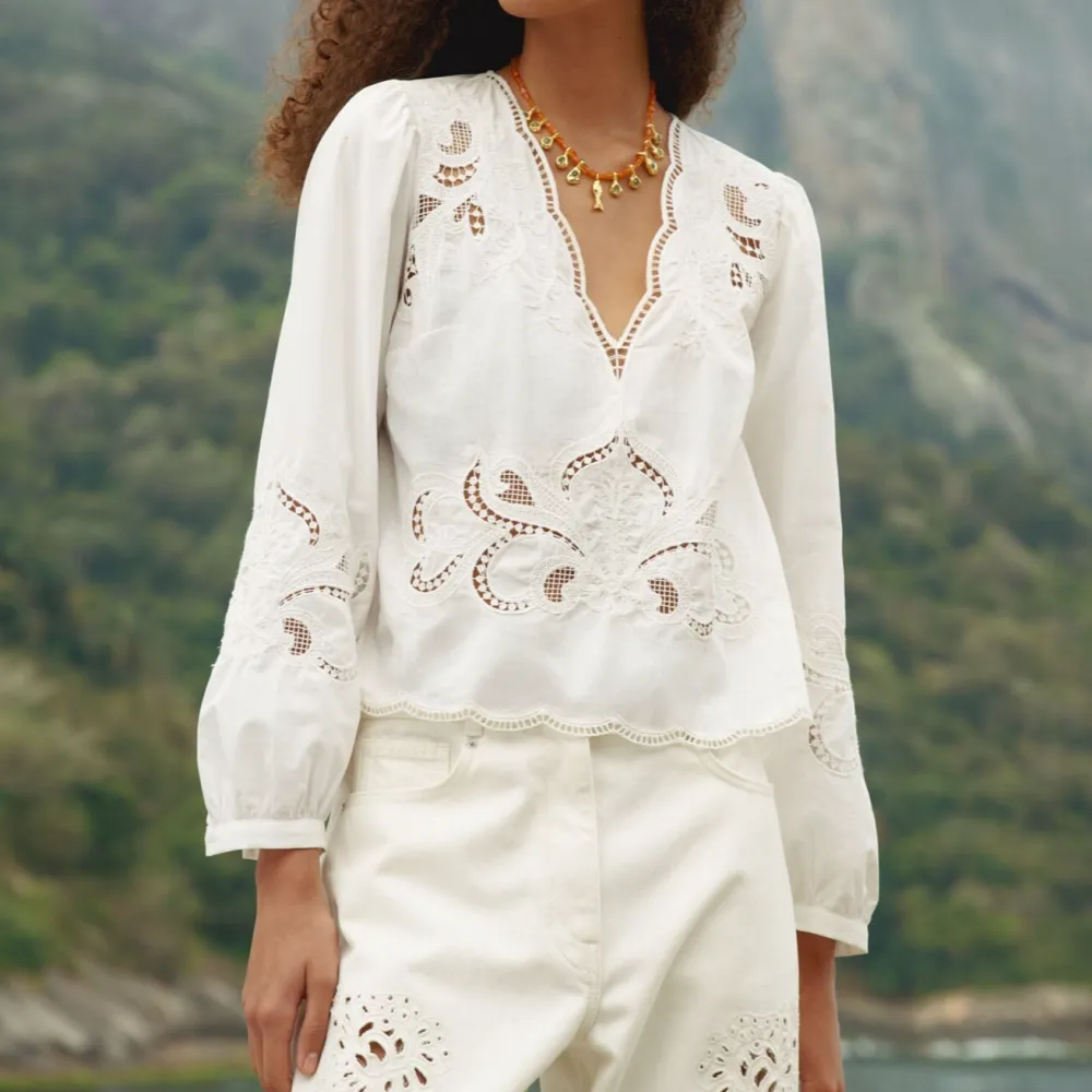 Lace-Trim Embroidered Eyelet Floral Blouse