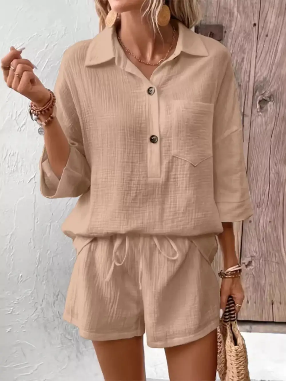 Button Detail Top and Shorts Set