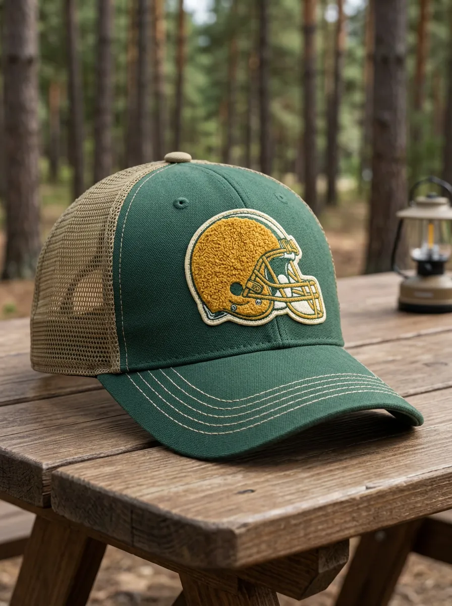 Men's Football Fan Yellow Helmet Patch Embroidered Mesh Trucker Cap