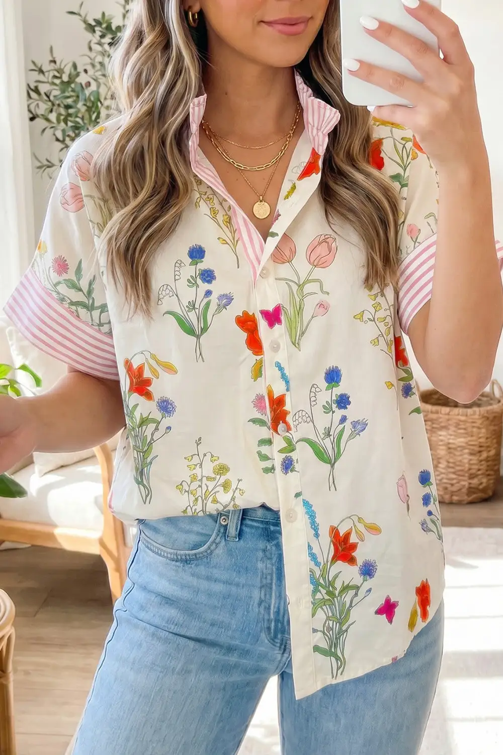 Floral Striped Patchwork Ruffled Blouse