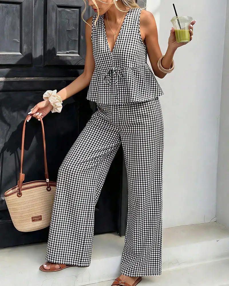 Striped V-Neck Peplum and Wide Leg Pants Two-Piece Set
