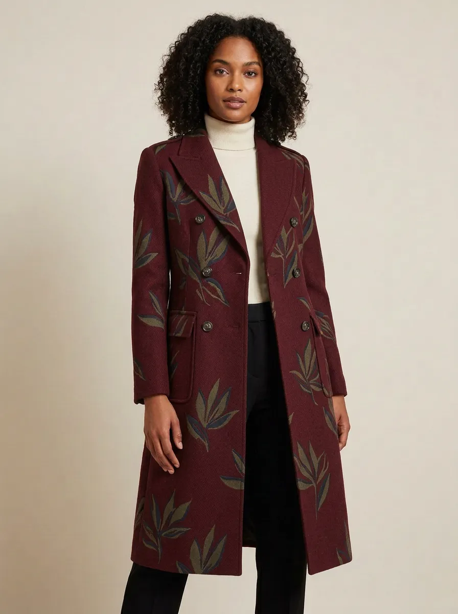 Women's Botanical Leaf Printed Wool Blend Coat
