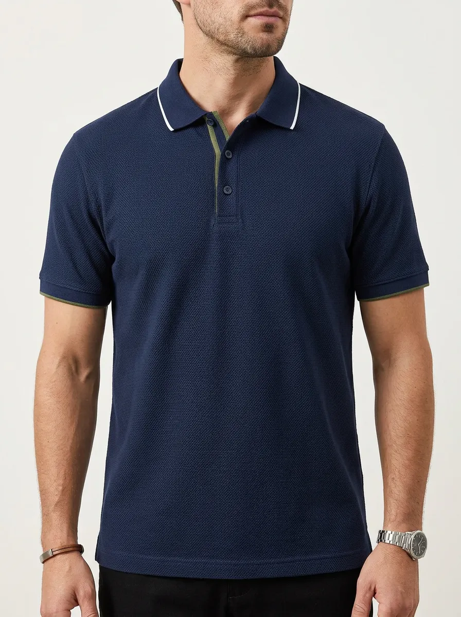 Men's Ribbed Textured Contrast-Collar Contrast-Trim Polo Shirt
