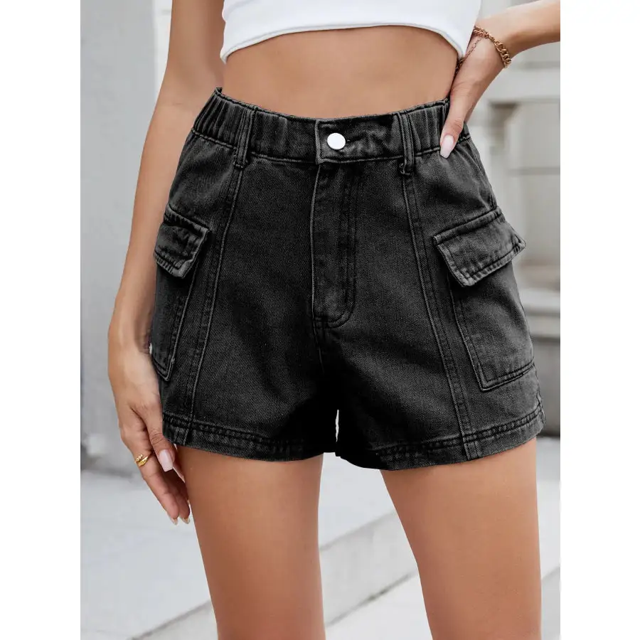 High Waist Cargo Denim Shorts