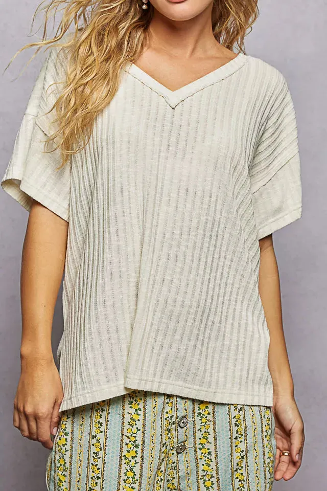Ribbed Knit V-Neck Short Sleeve T-Shirt With Side Slit
