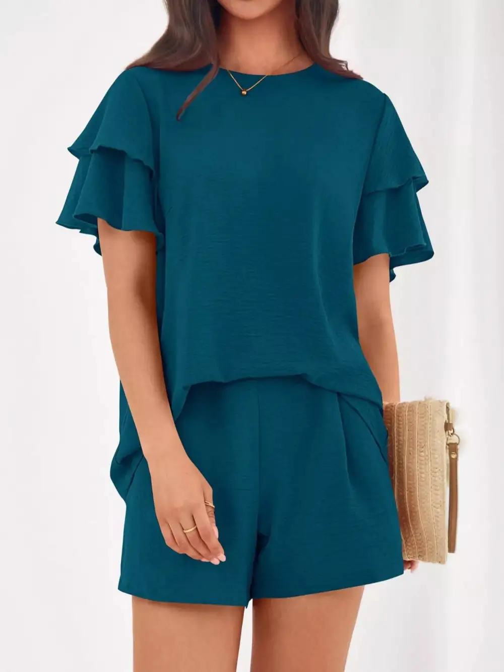 Ruffle Sleeve Top and Shorts Two-piece Set