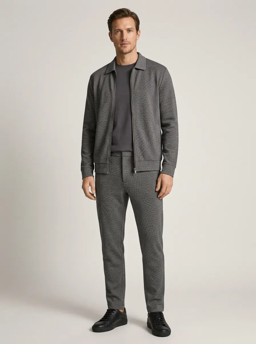 Men's Refined Textured Minimal Polo Collar Jacket and Jogger Pants Set