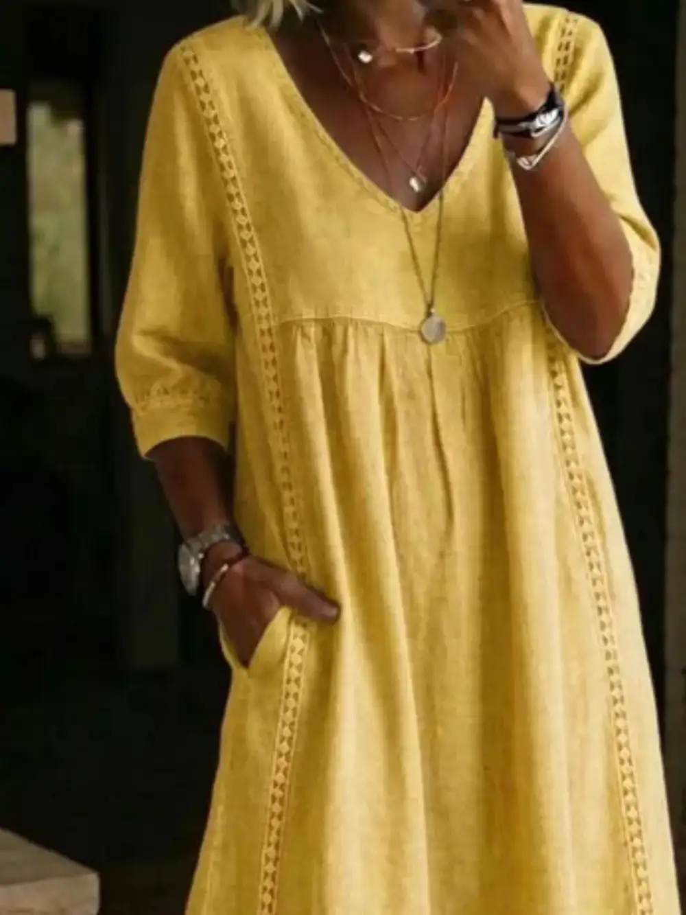 V-Neck Three Quarter Sleeve Pocketed Midi Dress