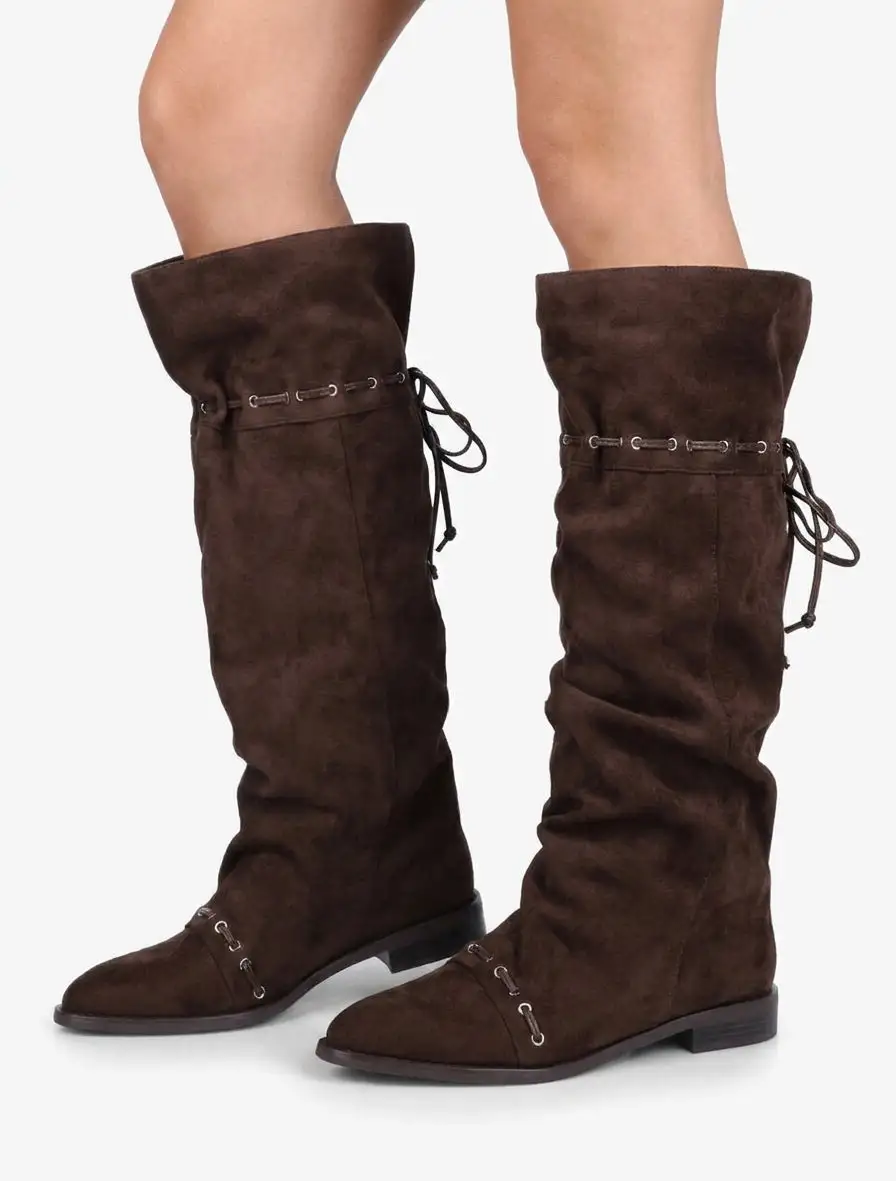 Classic Refined Block Heel Faux Suede Knee High Boots